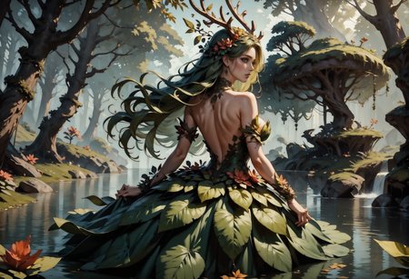 score_9, score_8_up, score_7_up,  1girl, dryad, antlers, leaf dress, open center, outside at a beautiful magical forest, lake, solo, long hair, green hair, heart, curvy, romantic, flower corsage, dynamic pose, flowers inlaid in dress, back view, looking back,  <lora:Concept Art Twilight Style SDXL_LoRA_Pony Diffusion V6 XL:0.8> Concept Art, <lora:Expressive_H-000001:0.8>, expressiveH, <lora:Pony_DetailV1.0> 