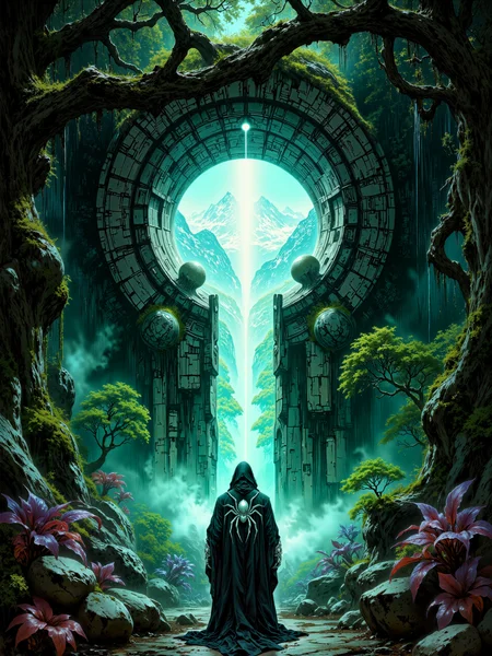 fantasy artwork, very detailed, realistic, a masterful painting of a stone portal in shape of a keybole, in a dark, eerie, ancient and lush jungle, densely packed with towering, gnarled trees. their intertwined treetops  form tangled arches above a moss-covered forest floor, faintly glowing mushrooms the size of lanterns dot the underbrush, casting a subtle bioluminescent shimmer in hues of pale cyan and purple. in the heart of the jungle stands a monolithic stone arch - an arcane stone structure carved into the shape of a massive keyhole, into ancient, weathered stone, overgrown with vines and moss. the magic portal radiates a soft but brilliant light, revealing through its narrow aperture a beautiful, snow-covered mountain range beyond, in stark contrast to the ominous, murky jungle that surrounds the keyhole-portal. the scene is anchored by a solitary figure in the foreground, viewed from behind - a dark-robed traveler standing before the eldritch portal, as if about to cross its threshold, the robe is masterfully embroidered with a large, intricately detailed, silver tarantula spider, the robe's deep folds catching subtle highlights from the portalâs glow. the surrounding jungle includes sharp pops of color - tropical and possibly carnivorous plants with vivid red or deep purple petals curl among the undergrowth, their shapes exotic and predatory, their presence lending tension and surrealism to the scene. the lighting is dramatic and cinematic, with strong contrast between the deep shadows of the jungle and the radiant light streaming from the portal, shafts of this ethereal illumination scatter through the jungle mist, casting faint silhouettes of trees and vines and highlighting the path ahead, the wondrous portal serves as the visual and symbolic center of the composition. shot from a low, slightly angled perspective behind the figure, the viewpoint draws the eye upward and toward the brilliant keyhole light, creating a sense of scale, tension, and anticipation. rembrandt style lighting heightens the atmosphere, using deep contrast and directional light to emphasize both mystery and reverence, soft glow effects enhance the magical tone of the image. rendered as a masterwork painting in a highly detailed, high-fantasy art style, rich texturing across the moss, bark, and stone contrasts with the arcane architecture of the portal, a color palette of deep jungle greens, cold shadows, and luminous whites is punctuated by accents of red and purple, atmospheric perspective and delicate mist create a dreamlike, immersive quality, ovg, artilands02, <lora:style-fantastic_landscapes-v2-flux-by_artifyai:0.64> <lora:style-luis_royo-flux-by_tosave:0.8>