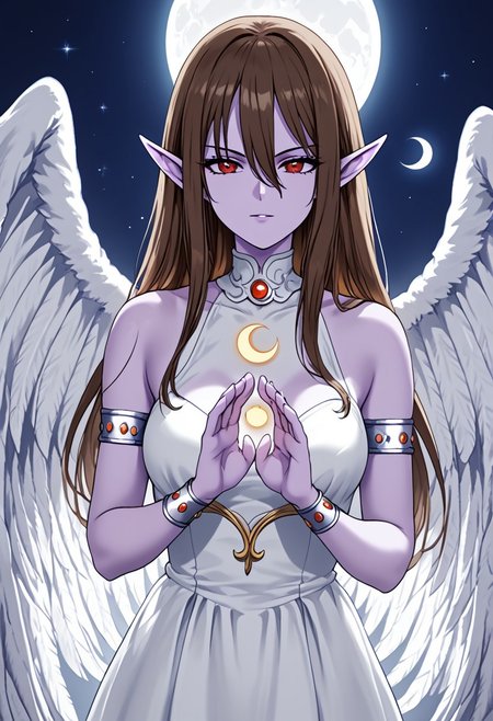 score_9,score_8_up,score_7_up,source_anime,5_figner,2d_animation,game cg,BREAK,1girl,solo,
LQE,pointy ears,dress,armlet,bare shoulders,angel wings,bracelet,feathered wings,hair between eyes,long hair, brown hair,white dress,colored purple skin,red eyes,
medium breast,upper body,
cupping hands,crescent moon\(symbol\),
looking at viewer, indoor,underground Palace,
medium breast,looking at viewer,
masterpiece,best qualit,ultra-detailed,illustration,an extremely delicate and beautiful,beautiful detailed eyes,unity 8k wallpaper,high resolution,anime CG,official_art,