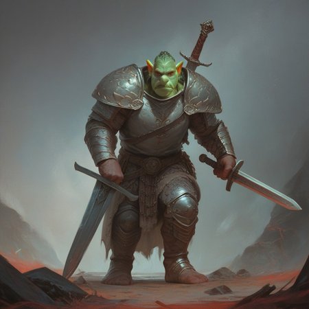 score_9, score_8_up, score_7_up, score_6_up, high quality, ultra-highres, ultra-detailed vivid colors,, contrast vision,  vivid colors, contrast vision, exaggerated features, multiple males, goblins, green skin, red eyes, big nose, armor, shields, swords