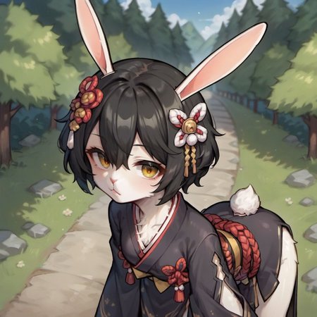 score_9, score_8_up, score_7_up, score_6_up, yuran, rabbit ears, rabbit tail, white fur, body fur,
1girl, solo, black hair, animal ears, ootachi, nature background, japanese clothes, short hair, wide sleeves, yellow eyes, looking at viewer, standing, kimono, hair between eyes, closed mouth, long sleeves, bent over, hair ornament, 
<lora:ava_choco_yuran_race_v1-000005:0.9>,