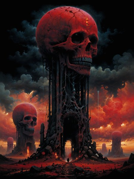 <lora:more_artful-xl:0.8> <lora:add-detail-xl:2.4> <lora:style-matte_black_contrast-xl-v3-by_tijuanaslumlord:0.2> <lora:style-zdzislaw_beksinski-xl-by_aderek514:0.4> <lora:envybetterhiresfixxl01-xl:0.0:hr=1.0>, vntblk, movie poster art, [blood moon, red moon, darkest night, the (three pyramids:1.2) of giza, low angle, black and red hues:famous artwork by zdzislaw beksinski, ominous glowing ornate lovecraftian artifact, (phenomenal and surreal:1.2) landscape with towering (obelisks:1.4) piercing the clouds, jagged rock formations, night sky, mysterious, ethereal, deserted, dark corners, obsidian black, scarlet red, white:16], ultra detailed