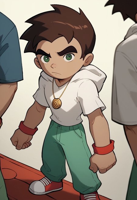 score_9, score_8_up, score_7_up break raixs, Raimundo, cartoon style, 1boy, dark brown hair, dark green eyes, tan skin, gold spiral circle necklace, white hoodie, green pants, red white shoes,