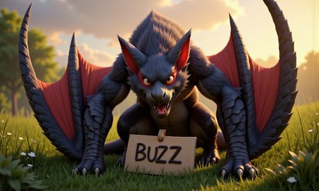 hyperrealistic art of a dragon in a field, the dragon has a winged arm. the dragon has a red glowing eye, the dragon holding a sign that said BUZZ. aidmaHyperrealism, mythp0rt, n4rg4cug4. extremely high-resolution details, photographic, realism pushed to extreme, fine texture, incredibly lifelike, Cinematic photography, movie mood, cinematic light, compelling composition, storytelling elements, conveys emotion, mood, and narrative depth, creating visually striking images that feel like still frames from a film,