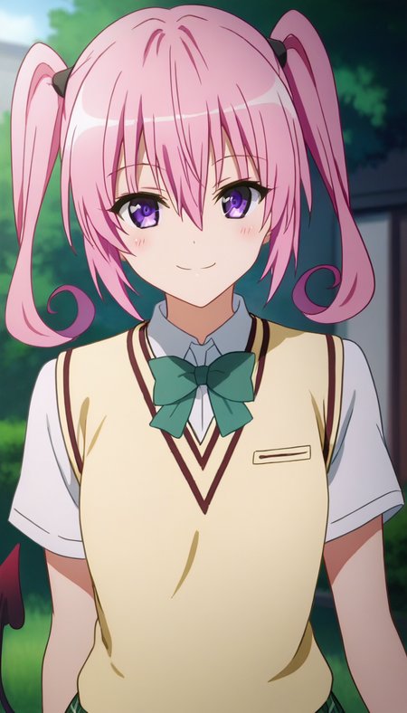 score_9,score_8_up,score_7_up,score_6_up BREAK official art,solo,outdoors,upper body,(portrait:1.5),looking at viewer,facing viewer,smile,blush,Nana Astar Deviluke,long hair,pink hair,twintails,hair between eyes,bangs,purple eyes,school uniform,sweater vest,yellow vest,white shirt,collared shirt,green bowtie,short sleeves,small breasts,miniskirt,green skirt,plaid skirt,pleated skirt,demon tail,black socks,loafers,<lora:Nana Astar Deviluke(tlr)-Pony:1.6>,