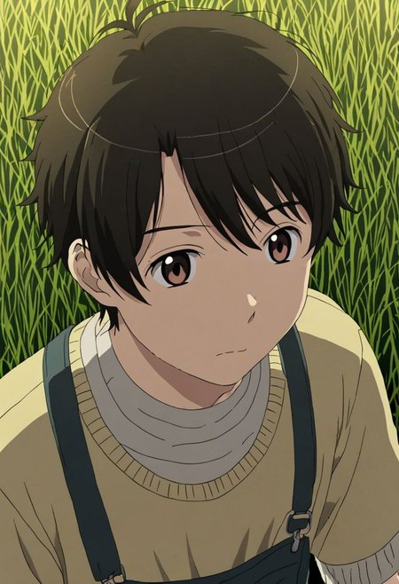 high resolution, solo, best quality, 1Boy, Inaho Kaizuka, Black Hair, Brown Eyes, grass, middle night, OverallDetail