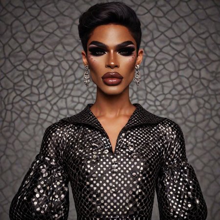 photo, realistic, hyperrealism, source filmmaker, score_9, score_8_up, score_7_up, best quality, masterpiece, source_anime, zPDXL3, BREAK,1boy, <lora:dark-skinned_drag_queen:1> 1boy, dark-skinned drag queen, dark-skinned male, jewelry, earrings, makeup, Polka dot wrap dress with flutter sleeves, flat chest, dark gray background, simple background, grid background,, full body,