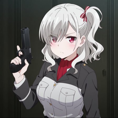 nsfw, masterpiece, best quality, 1girl, solo, warlords_of_sigrdrifa_komagome_azuzu, holding gun, red eyes, holding weapon, breast pocket, handgun, ribbon, pocket, looking at viewer, hair ribbon, blush, closed mouth, eyes visible through hair, red ribbon, one side up, shirt, grey hair, jacket, <lora:Komagome_Azuzu_-_Warlords_of_Sigrdrifa:0.7>