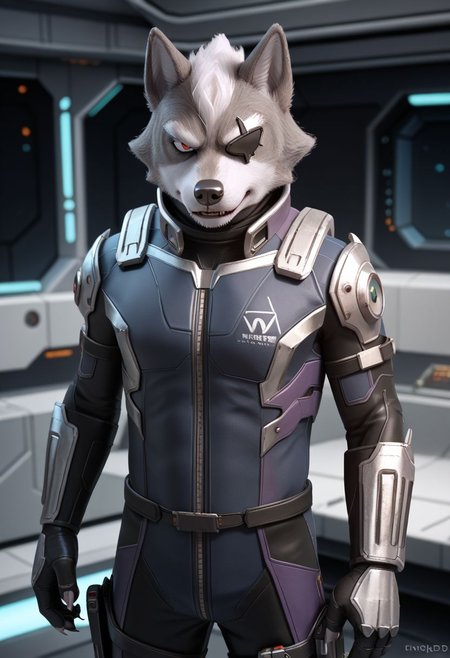 score_9, score_8_up, science fiction, exploration bodysuit, solo, Wolf o'donnell, in spaceship