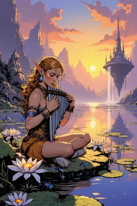 On the edge of a vast, glimmering lake surrounded by towering crystal spires, a slender elf with porcelain skin and hair like spun gold sits cross-legged on a floating lily pad, playing a silver panflute. The melody she produces is soft and ethereal, resonating through the still air and sending ripples across the pristine, mirror-like surface of the water. Above her, the sky shifts with hues of pink, orange, and violet as the sun dips below the horizon, casting a golden glow across the entire scene. Tiny, glowing dragonflies hover around her, their wings shimmering like prisms in the fading light. The elfâs eyes are closed, lost in the music, and her pointed ears are adorned with delicate chains of tiny gemstones that catch the light with every subtle movement. The lilies surrounding her bloom in response to the melody, their petals glowing faintly with bioluminescence. A gentle breeze stirs the air, carrying the scent of blooming jasmine and cool water. In the distance, the faint outline of a floating island can be seen, its waterfalls cascading gracefully into the endless lake below. The entire scene feels like a fleeting moment of magic suspended in time, with the elfâs music as its heartbeat. , detailed background  Fantastic lighting. Detailed shadows.intricate details, vivid colors, hyper-detailed, ultra-sharp, High resolution, high detail. Highly detailed., <lora:Ev_Ganin:0.4><lora:Vintage comic book:0.4><lora:RetroAnimeFluxV1:0.15><lora:Greg_Capullo_style:0.4><lora:jeanClaude_Mzires_Style_FLUX-000001:0.4><lora:Flux_Ink_Anime:0.4> <lora:PANFLUTE_FLUX>