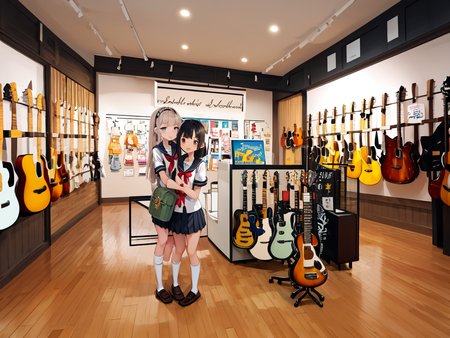 masterpiece, best quality, ultra-detailed, illustration,
(2girls:1.4), school uniform,  school bag,  smile ,
guitarshop, guitar, instrument, electric guitar, bass guitar, amplifier, speaker, wooden floor, indoors, 
 <lora:guitarshop:0.8>