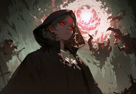 close-up, flat colors, 1girl, necromancer,  glowing red eyes,  expressionless, pentagram, hood, dark fantasy, dramatic lighting