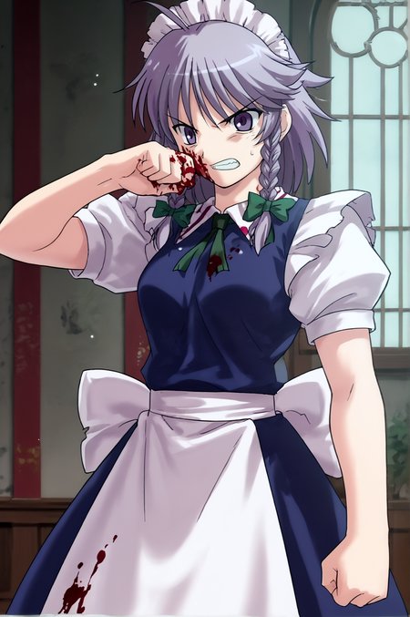 score_9, score_8_up, score_7_up,anime_source, source_anime, best background, detailed background, anime screencap,  Sakuya, bow, dress, maid, maid headdress, short sleeves, solo, fighting pose, dynamic angle, dynamic pose, tsundere, angry, blood on clothes, indoors, darkness, indoors, <lora:JN_Takeuchi_Takashi:0.8> <lora:JN_Izayoi_Sakuya:0.8>