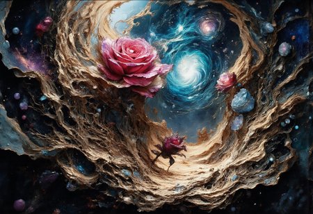 Ultra-realistic 8K resolution, Octane render, Unreal Engine 5 masterpiece, dark academia aesthetic, enchanted glass terrarium containing: two hybrid heliotrope-roses with translucent ruby gemstone petals (vitreous refraction), metallic obsidian stems (bioluminescent vascular system), liquid mercury dewdrops suspended mid-fall, spiral cerulean nebula core emitting plasma tendrils, fractured amber glass veins pulsing with trapped starlight, quantum foam escaping through dimensional cracks, non-Euclidean spacetime geometry, vantablack void background with gravitational lensing distortion, chrono-crystalline lattice framework, volumetric photon mapping event horizon glow, subsurface scattering in petal nanostructures, temporal anomaly causing timeline overlaps, hyperdetailed microbiology under gemstone epidermis, gothic biodigitalpunk style blending Zdzisław Beksiński and Ernst Haeckel, photorealistic macro photography meets celestial cartography, trending on ArtStation --ar 16:9 --v 6.0 --no cartoonish, flat colors, symmetry, human elements