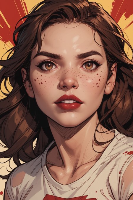 1girl, solo, looking at viewer, brown eyes, parted lips, long hair, realistic, brown hair, blurry, lips, blurry background, portrait, shirt, nose, freckles, collarbone, white shirt, blood, eyelashes, teeth, red lips, a_Comic_Illustration, rough lines with ink, (drawn:1.1), (sketch:1.5), (crosshatching:1.25), (comic style:1.1), graphic novel style, sharp lines, hires, zstyle, (western comics \(style\):1.1), (hatching \(texture\):1.2), zPDXL, Mr_Monster_Possitive, <lora:Expressive_H:0.5>, score_9, score_8_up, score_8_up,