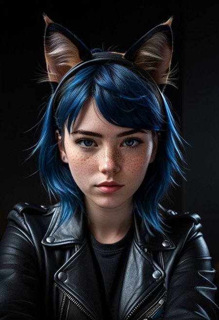 (StackedShortstack), solo, looking at viewer, shirt, 1girl, animal ears, blue hair, jacket, female focus, cat ears, black jacket, freckles, realistic, leather, leather jacket, cat ears, animal ears, close-up, foreshortening , cinematic lighting, cinematic angle, dark, dark background, masterpiece, best quality