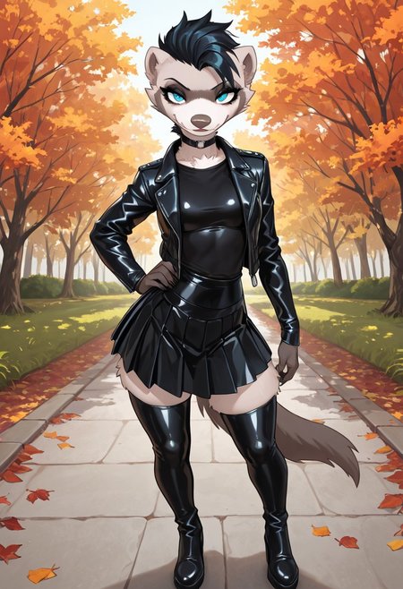 score_9, score_8_up, score_7_up, highres, high quality, perfection, masterpiece, M1x,1girl,solo,furry,furry female,short hair,blue eyes,snout,animal nose,fang,choker,body fur,two-tone fur,browm fur,claws,white fur,tail,
BREAK 
1girl, (solo: 2.0), girl alone, front towards viewer, full body in view
BREAK 
furry female, ferret girl, anthropomorphic female, (anthro ferret girl: 1.2), beautiful girl, detailed fur, ((short black mohawk)), beautiful face, fangs, eyelashes, sexy pose (blue eyes: 1.2), perfect eyes, detailed eyes, whiskers, small breasts, (((black eyebrows, black eyeshadow, black lipstick, black nails, goth makeup))), detailed hands, perfect hands
BREAK
((black latex short pleated skirt)), ((black latex shirt)), ((black leather punk jacket)), ((black latex thigh high boots))
BREAK
standing, looking at viewer, smug smile,
BREAK
outdoors, day, park, trees, autumn, autumn leaves, falling leaves,