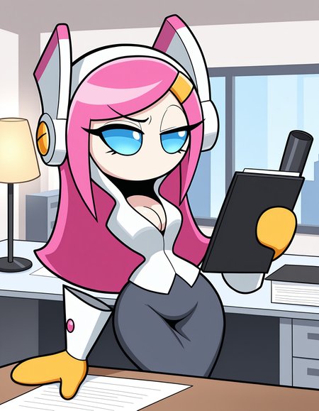 masterpiece, best quality, amazing quality, very detailed, newest, no humans, solo, WnKrbSs, pink hair, blue eyes, colored sclera, pale skin, (floating hands, floating head), white shirt, headband, hood, gray skirt, yellow gloves, looking away, cowboy shot, 1girl, anthro, secretary, office, desk, lamp, papers, hand on desk, cleavage, wide hips, raised eyebrow, bored, holding notepad, diploma on wall, (no mouth), <lora:ba1328b4-66eb-4282-9436-0028ccf88215:0.9>