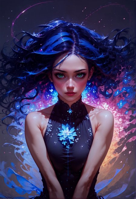 score_9, score_8_up, score_7_up, 1girl, realistic, long hair, wind, galaxy, solo, black dress, floral theme, from front, facing viewer, milky way, blue glow, purple hue  <lora:sdxl\Concept Art Twilight Style SDXL_LoRA_Pony Diffusion V6 XL:0.8>, concept art, <lora:sdxl\Expressive_H-000001:0.8>, expressiveH <lora:sdxl\pony_vixon_galaxy:0.7>, g4l4xy <lora:sdxl\sinfully_stylish_SDXL>