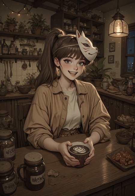 (atmosphere, masterpiece, high_quality, absurdres, very aesthetic, blurry_background, grainy_texture, film_grain, light particles textured clothing, textured hair, painterly, watercolor_\(medium\), colored_pencil_\(medium\), blending)
(w1tchyc0ttagec0re, petting fox in foreground, 1girl, solo, long_hair, blush, looking_at_viewer, smile, open_mouth, brown_hair, photoshop_(medium), shirt, brown_eyes, green_eyes, jacket, ponytail, flower, :d, food, teeth, indoors, cup, window, mask, night, chair, table, high_ponytail, bottle, plant, bowl, lantern, mug, potted_plant, mask_on_head, fox_mask, coffee, shelf, kitchen, jar, shop, mask_removed, counter, inuyasha),artist:moriimee