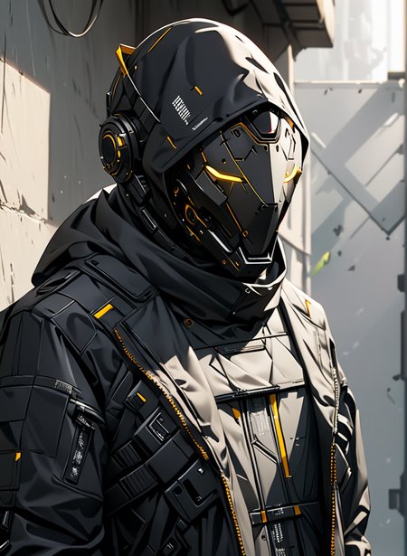 masterpiece,high resolution,shadow detail,natural light,
techwear, 
techwear, , science fiction, solo, upper body, robot mask, , black jacket
 <lora:TechWearXL:0.8>