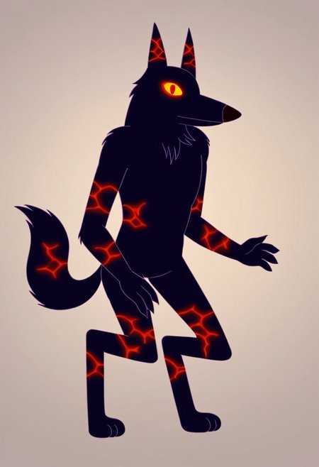 score_9, score_8_up, score_7_up, score_6_up, score_5_up, score_4_up, high quality, hires, 2d (artwork), 2d, cartoon style, ((((solo)))), (Fire Wolf \(Adventure Time\), wolf, ((orange red cracks on wolf body)), volcanic rock  body with cracks, pawhands, anthro, ((((Very dark violet lines))), red pupils, standing upright, ((bipedal)), wolf tail,((( Very dark violet lower lip, )))), Very dark blue black fur, (((anthro))), anthrofied, (((7 teeth))), Very dark blue black body, elemental creature, fire creature, ((nude)), yellow eyes, ((Glowing eyes)), tail, detailed fingers, hands down, ((3 toes)), 4 fingers), background