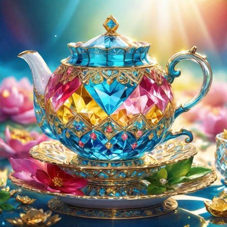 landscape,,,blue,yellow,red,white,pink,cyan,green,gleaming diamond tea with golden accents, radiating light, amidst brilliance, symetrical hyperdetailed texture, pearl filigree, concept art, artstation,  perfect composition, masterpiece, glittering professional photography, macro, natural lighting, canon lens, shot on dslr 64 megapixels sharp focus ethereal,happy,sky,flower,water,electronic,holography,chair,