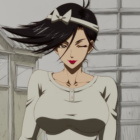 <lora:SlimesBakabonsMom-000001:1>, slimes_bakabonsmom, 1girl, solo, breasts, smile, short hair, large breasts, black hair, one eye closed, makeup, headband, lipstick