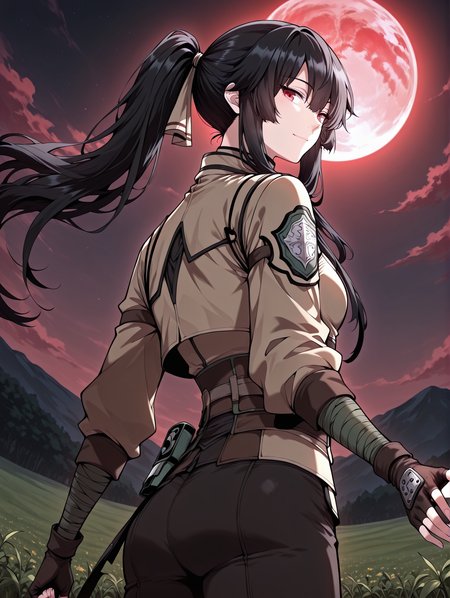 <lora:Jasmine_Flamesworth__The_Beginning_After_the_End__Illustrious:1>
1 girls, solo, red eyes, black hair, long hair, ponytail, bangs, hair between eyes, sidelocks, small breasts
brown jacket, greeb ribbon, fingerless gloves, long sleeves, black pants, black boots, bandages
score_9, score_8_up, score_7_up, very aesthetic, source_anime, detailed, high quality, beautiful, masterpiece, detailed eyes, field, blurry background, pose dynamic angle, upper body, cowboy shot, light smile, looking back, reaching out, floating hair, red moon, night, <lora:iLLMythG0thicL1nes:1>
