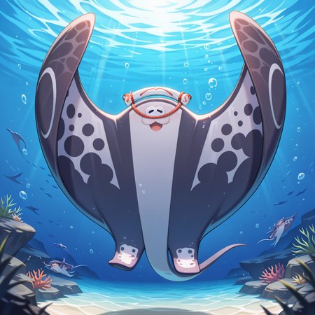masterpiece, best quality, newest, absurdres, highres, safe, <lora:Big_Man_Splatoon_-_IL:1> big man, manta ray, dark grey and light grey body, fins, headwear, cute face, :3, swimming in the ocean, swimming, underwater background, looking at viewer, detailed background,  (((shaded))), ((detailed)), ((vibrant)), <lora:NOOB_EPSv1_1_detailer_by_vlnvk_v1_0:1>