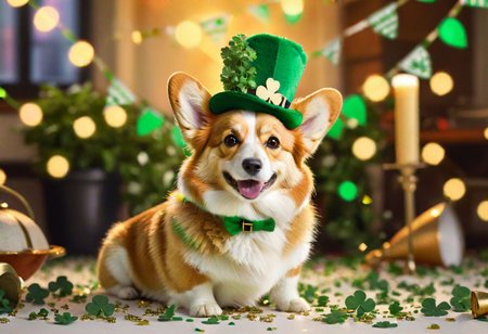 photorealistic image, fluffy corgi, adorned as St. Patrick, (tilted bishop's hat:1.2), (crooked staff:1.2), surrounded by shamrocks, confetti, (blurred background of a festive party: 0.8), vibrant colors, warm light
