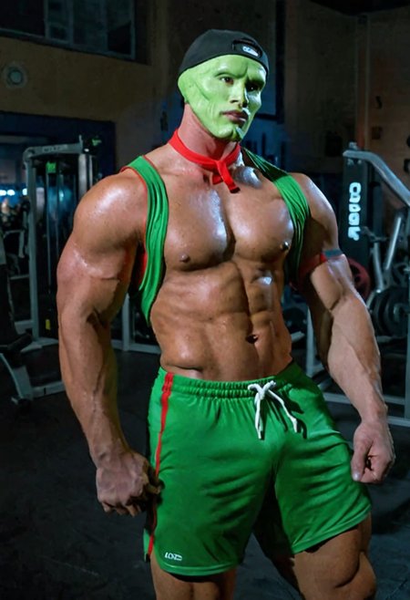 Big muscular handsome youngman with a green head 
 wearing sportswear in the gym at night