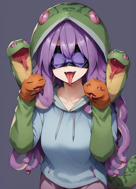 aesthetic, score_9, score_8_up, score_7_up, 32k,BREAK absurdres, simple background
medusa slave, snake hair, monster girl, gorgon, long hair, purple hair, mature female, solo
open mouth, smile, blindfold BREAK
SnakeCostume, tongue, fang, hood, tongue out, hoodie, :p, pajamas, animal hood, animal costume, slit pupils, forked tongue, hands up, puppet, hand puppet
<lora:medusa_slave-v2-pony:1>,  <lora:Pony_DetailV2.0:1> <lora:age_slider_v4:1>,  <lora:SnakeCostume:1>,  <lora:snake-hair-ponyxl-lora-nochekaiser:1>