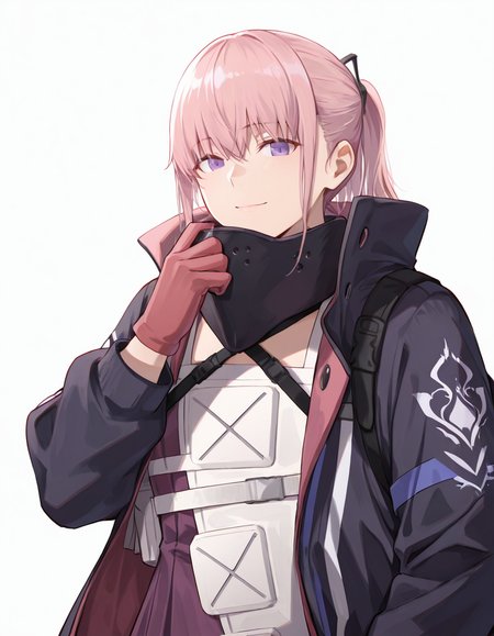 Volumetric Lighting, (masterpiece), (best quality), (ultra-detailed), masterpiece, source_anime, score_9, score_8_up, score_7_up BREAK, illustration, disheveled hair, detailed eyes, perfect composition, moist skin, intricate details, detailed eyes, detailed face, detailed fingers BREAK, purple eyes, pink hair, ponytail, sidelocks, hair between eyes BREAK, AR15MOD3, layered clothes, MOD3_vest, white vest, MOD3_jacket, black jacket, MOD3_dress, pink dress, MOD3_chest_strap, MOD3_gloves, MOD3_battle_mask, MOD3_hair_ornament, BREAK, ((white background)), looking at viewer, smile, upper body, face focused, hand up