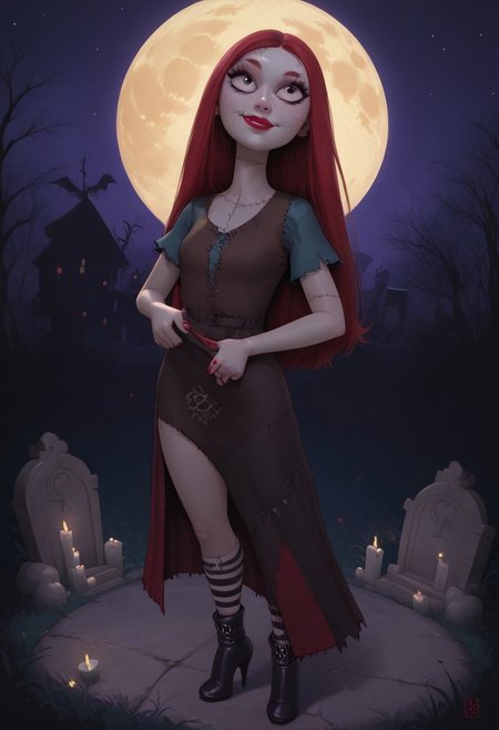 Score_9, score_8_up, score_8_up, score_7, source_cartoon, source_western, realistic, 1girl, sallyxl, stunningly beautiful women, perfect faces, detailed expressions,Sally has faded blue fabric for skin, with multiple sewing stitches all over her body, and is quite slender. She has large eyes with small black pupils and red lips. Her hair, where she hides a sewing needle, is a reddish color, straight long hair. Sally wears a knee-high, ragged dress with a V-cut neckline, and is presumably made by simply stitching together multi-colored pieces of cloth (it has a sewn pocket for her thread). She also wears red nail polish on her nails and black high-heeled boots with black and white striped socks.
 She looks up with a playful smile, best quality, award-winning, high res, night, moon light, cemetery, night sky, bats, moon, moonlight