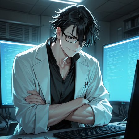 masterpiece, best quality, amazing quality, absurdres, newest, detailed background, definition so sharp, Ultra-HD, 8K cinematic, very awa, impressionate, amazing quality, highres, 
solo, male focus, manly, 
saruhikofushimi, saruhiko_black hair, saruhiko_black eyes, 1boy, short hair, glasses, looking down, smirk, crossed arms, lab coat, computer screen, data stream, cool lighting, focused, calculating, intelligent, slightly intimidating, charming