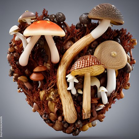 heartart,realistic wood heart  made out of  thorns, (mushrooms:1.5),  photohelper, render, cgi, 3d, extremely detailed,colored backdrop
