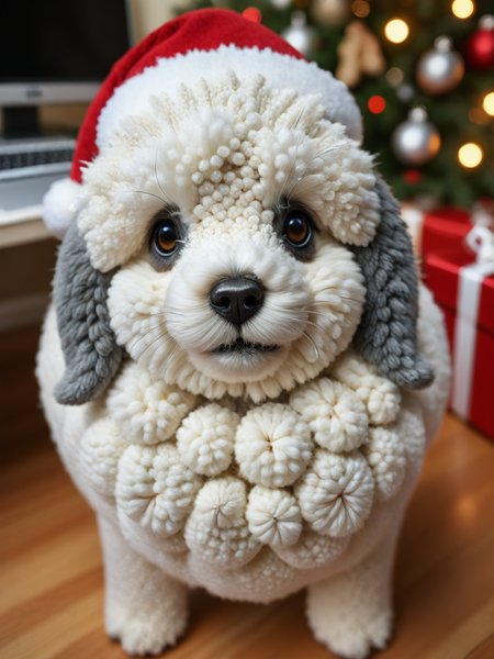 Animal Christmas, 
A computer generated image of a RAF F35 Lightning aircraft that has been knitted with fluffy wool
 <lora:Animal_Christmas:1>