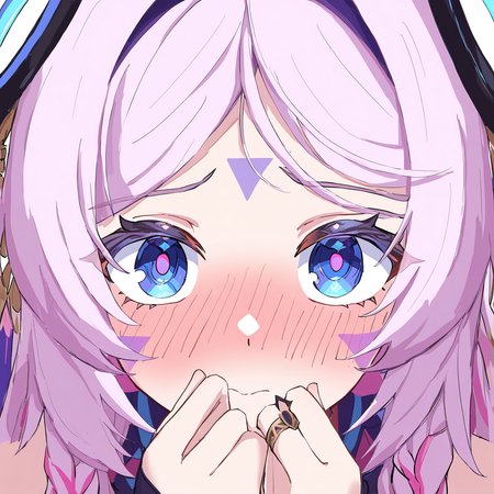 1girl, solo, citlali, ring hair ornament, close-up, shy, hands on cheecks, blush, embarrassed, blue eyes, pink pupils, confused, worried, masterpiece, best quality, absurdres, highres,