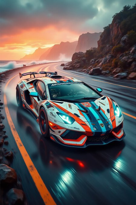 YFG-Sm0rg, YFG-Zaat, Dreamscape A bright vivid color graffiti Lamborghini Aventador with pilot speeds on a wet road along the ocean vivid color. Speed_lines, (racing stripes motion blur going really fast deep focus:1.4). The car's headlights illuminate the road and the crashing waves on the shore. The setting sun casts warm and vibrant colors across the sky and water. The winding road weaves through a beautiful landscape, graffiti, creating a sense of freedom and adventure, depth of field, Bokeh, contour_deepening, motion_lines, cinematic lighting. Surreal, ethereal, dreamy, mysterious, fantasy, highly detailed.