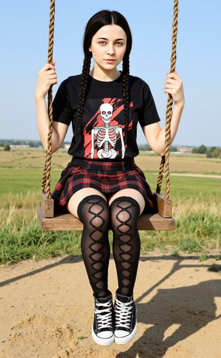 This is a realistic high-resolution photograph of Eilidh. long twin braids, black hair, blue eyes,

early 2010s snapshot photo captured with a phone and uploaded to facebook, a woman in her 20s with a pale complexion, wearing a gothic-inspired outfit. She is wearing a black t-shirt featuring a large, cartoonish graphic of a skeleton with red and white stripes, and a black and red plaid mini-skirt. Her legs are adorned with black, lace-up thigh-high socks, and she is wearing black and white canvas high-top sneakers. The socks have a prominent, criss-cross pattern, adding a punkish touch to her attire. She is sitting on a wooden swing set, holding onto the chains with both hands. The background shows an open field with green grass and scattered trees in the distance, under a clear, blue sky. The ground is a mix of dirt and grass, indicating a rural setting. The overall vibe of the image is edgy and rebellious, aligning with the gothic subculture