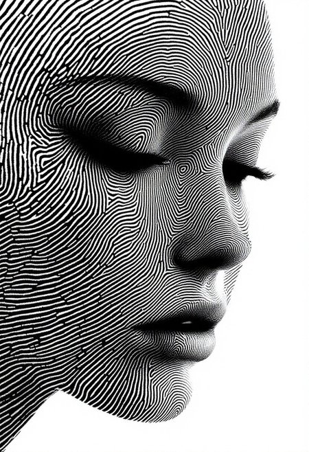 Surreal A human face emerges from an intricate composition of dark grey fingerprint patterns on a pristine white background. The facial structure and features are formed entirely by overlapping fingerprint swirls and ridges, with varying densities creating depth and dimension. The fingerprint impressions are sharp and precise, revealing every minute detail and ridge pattern. Minimalist artistic design with dramatic black and white contrast and precise line work.