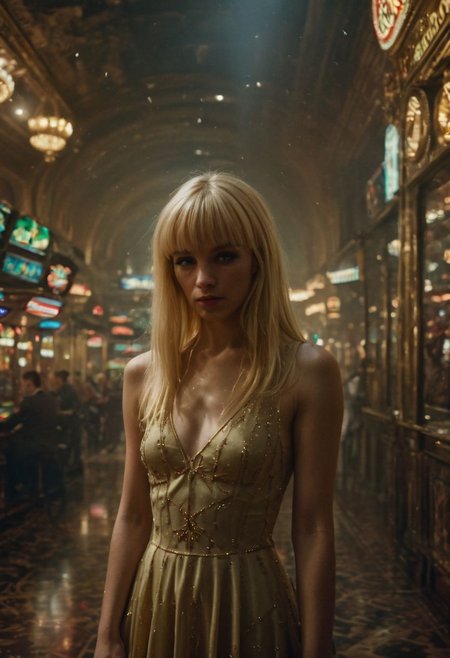 Award-winning ultra-detailed photograph of an underground Soviet casino, where a young blonde with blunt bangs is losing at roulette. She is clearly drunk and sad, tears pouring from her eyes. Her long blonde hair radiates a golden glow in the style of religious iconography. Tight Dollskill dress. Moody colors.