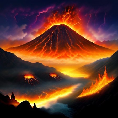 giant active volcano with lava fall coming out of it, lava river in foreground, dark sky, storm clouds, apocalypse, best quality, perfect quality, high res, mountainous back ground, cowboy shot of foreground,