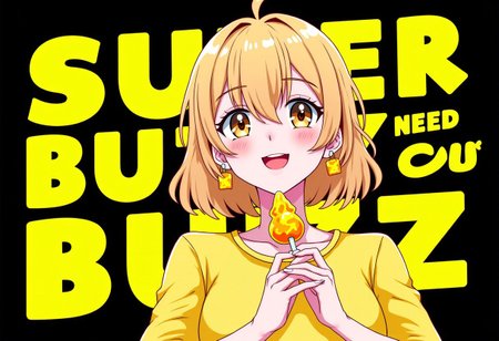 aidmatextimprover, 1girl, 18 years old, beautiful girl, light brown eyes, yellow lightning earrings, golden hair, yellow lightning label on all clothes, yellow lightning lollipop
girl smiling, dark background, yellow lightning label on background,
 text: "SUPER BUZZ GIRL NEED YOU BUZZ!", large letters, black outline