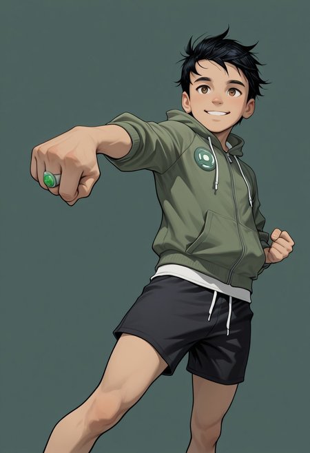 masterpiece, absurdres, high quality, perfect anatomy, 1boy, solo, cute boy, male focus, TaiPham, Black Hair, Green Lantern Ring, brown eyes, green jacket, hood, black shorts, big smile, cinematic, intricately detailed illustration, depth of field, masterpiece, best quality, amazing quality, very aesthetic, absurdres, newest, very awa,  shadow, dynamic angle, casual cosplay, dynamic pose, simple background, green theme, beitemian style