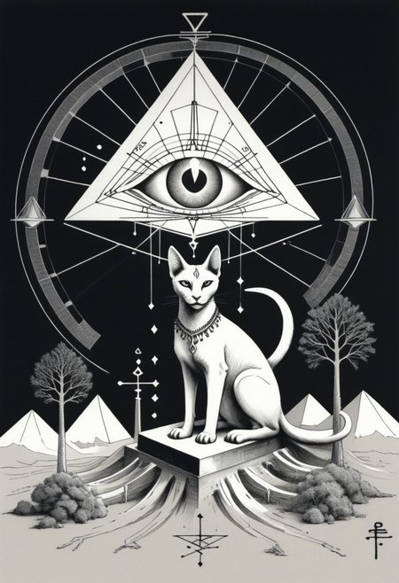 a drawing of Lunar Anubis, cat performing alchemy of etheral symbol quintessence, (one paw raised showing the eye of chemigram:1.1 eye of hamesh (with rays coming out of it), OverallDetail forging cluster astral keys.<lora:UFO_Alchemy_sdxl:1.0>,( <lora:symmetrical:1.5> (negative space tetrahedal trees ((revelation of method,PStyl3 )), <lora:Maximalist_Drawing_BW:0.2>)), (map QuinnMora, HaroldFiskMeander background:1.4), framesmade of checkerboard layer, , no human, ((sigil of pyramid, sigil of great power, frames cube FancyTurning:1.5), (three planes) X Y Z in occult space