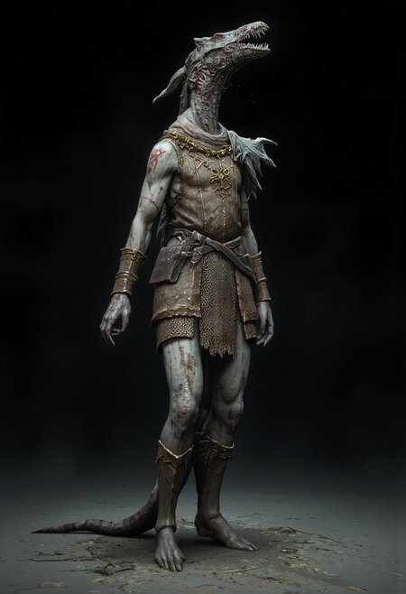 malformed hobo Miner lizardman in a roman soldier armor mixed with legionnaire attire, Toad shaped skull, elongated cobra neck, horse hoofs instead of legs
Standing on a flat ground
Set against a solid dark black color background to emphasize its unsettling unnatural form that emphasizes its silhouette. The medium is not a traditional painting or illustrative medium like watercolor or ink but rather a digital 3D rendering.
MikeFranchinastyle, bbstyle,, horror theme,, ZBClay model of a gray sculpture, zbrush, d4arks0uls, overcast lighting