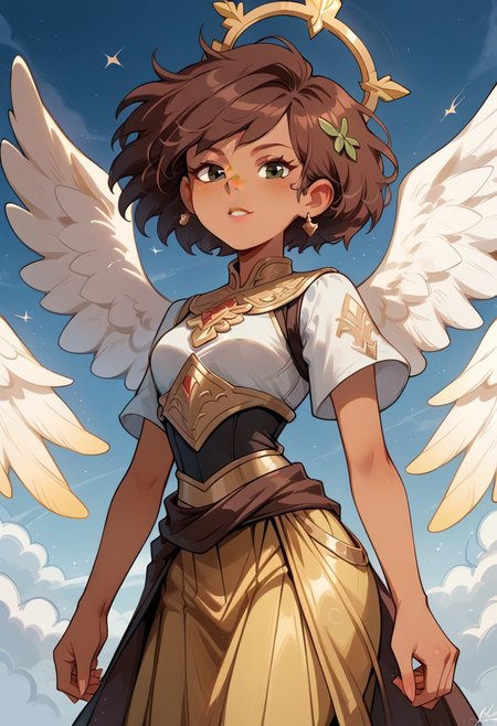 score_9, score_8_up, score_7_up, 1girl, anneboonchuy, brown hair, dark-skinned female, short hair, (((six angel wings))), three pairs of wings, solo, bright light shinning in the background, armour, golden silk long skirt, looking a viewer
BREAK, (masterpiece, best quality, highly detailed), expressiveh, High Quality V2, floating, <lora:add-detail-xl:-1>,