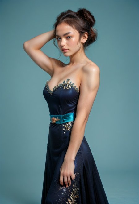 score_9, score_8_up, score_7_up, black colored kebaya dress (long dress, skin tight, strapless, off shoulder, luxurious design, simple sash, sequin skirt, brocaded),
pureerosface_v1, JDMAI_KEBAYA, JDMAI_ARIEL_SARI, 
(dynamic lighting), (dynamic shadow), 4k, HD, Hi res, cinematic masterpiece, photographic masterpieces, epiCPhoto,
Neat hair bun, professional makeup, side view, one hand raised, 
Portrait, upper body, alluring pose, confident facial expression, 
(simple turquoise background), (blurry background), (sharp focus on object),